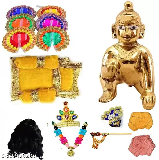 Brass Laddu Gopal full set combo with 13 dresses, Indian God idol (Size 0no. to 1no.)