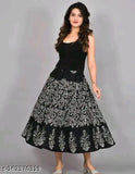 Black cotton Jaipuri print wrap skirt, free size for Indian ethnic wear