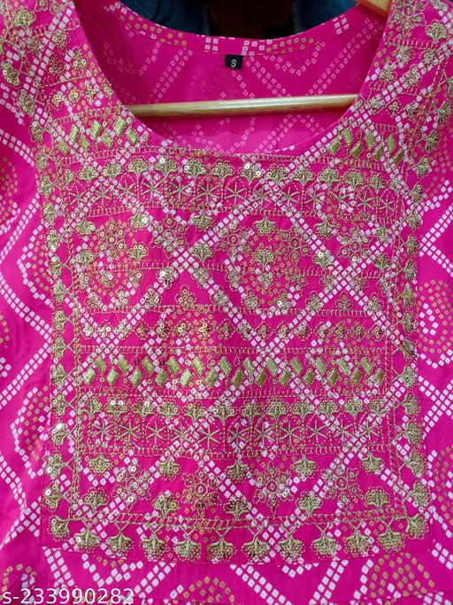 Viscose Rayon Nyra cut zari embroidery kurta, printed bandhani pattern with three-quarter sleeves, Gotta Peshawari work on ends