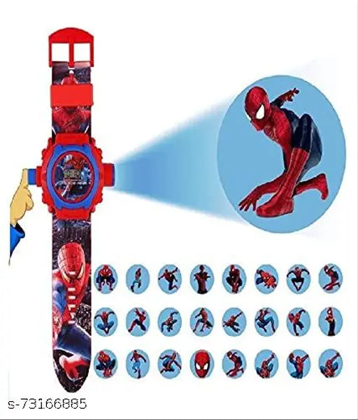 Digital watch with Spiderman design, projector feature. Multiple colored straps available