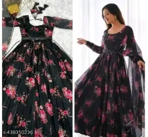 Black Georgette full-flared Aline gown with floral print, includes dupatta and free belt. Perfect for home or regular wear