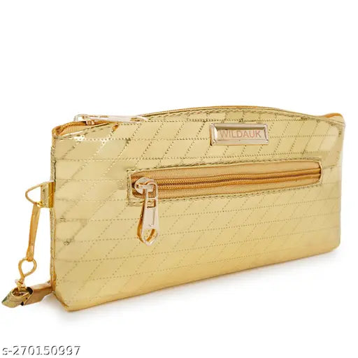 Silver clutch with gold zipper, featuring a card slot and multiple pockets, suitable for casual or formal events