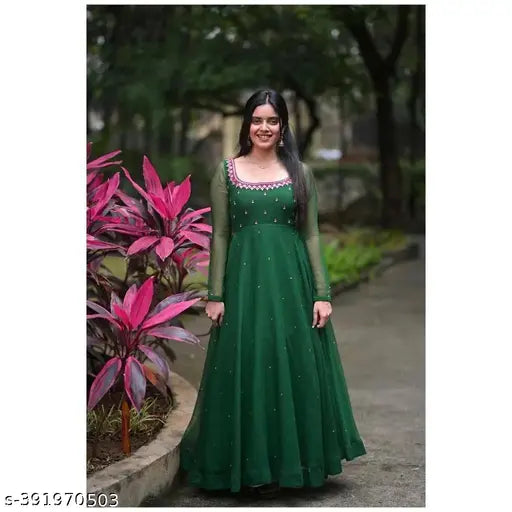 Green bandhni maxi dress with mirror work on neck and ghera, embellished Georgette sleeves, long size S-XL