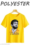 Yellow printed net transpirent by Thala Ajith Kumar, short-sleeved polyester shirt on hanger, available in sizes S, M, L, XL, XXL