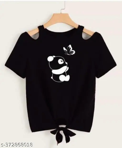 Black Lycra crop top with panda and butterfly print on women's shoulders