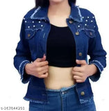 Solid women's embellished denim jacket, long sleeve, Indian-made