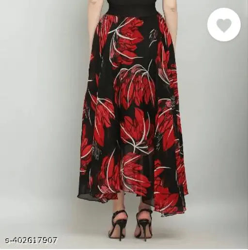 Floral maxi skirt with a hem, red print on maroon fabric