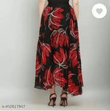 Floral maxi skirt with a hem, red print on maroon fabric