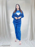 Blue women's woolen winter night suit with long sleeves, solid design in pyjama style from India