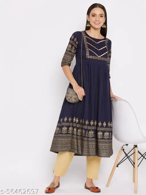 Navy blue, cotton, flared kurta with floral print