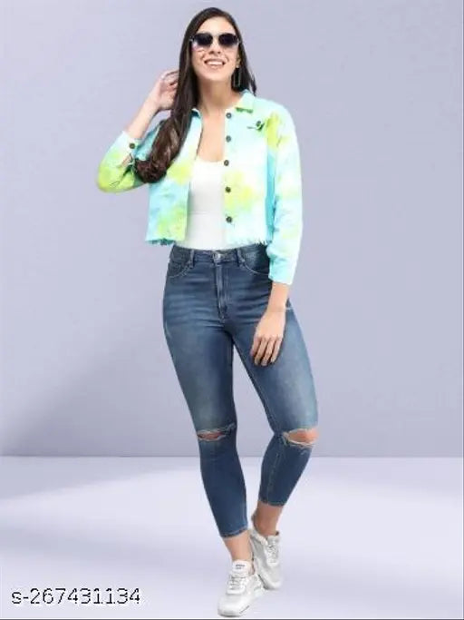 Cotton blend tie dye jacket, women's casual regular fit with long sleeves, sophisticated look, denim fabric, solid pattern, closure button on front, India origin