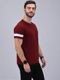 Maroon cotton blend round neck t-shirt for men, solid style, short sleeves