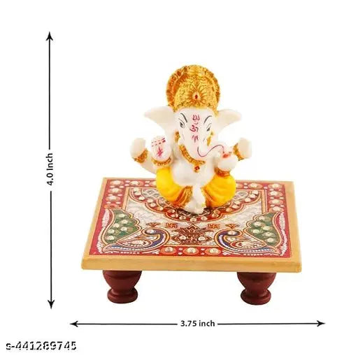 Marble Ganesh Idol with Chowki, intricately crafted resin & marble, perfect for home or office pooja, small size, multi-colored, made in India