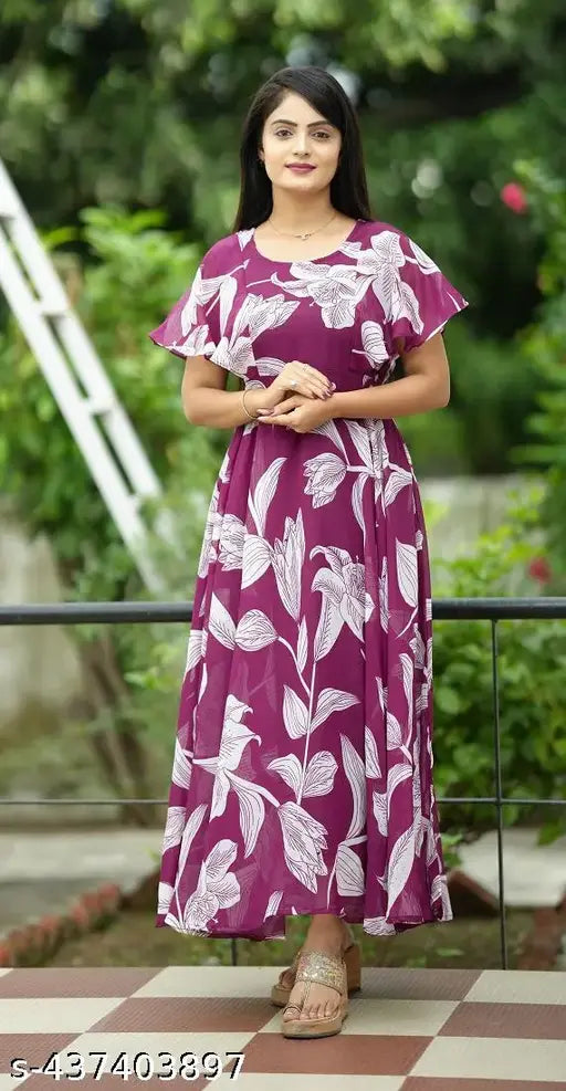 Printed georgette maxi dress with three-quarter sleeves, women's fashion on model, size M (38in bust, 50in length, 34in waist, 40in hip)