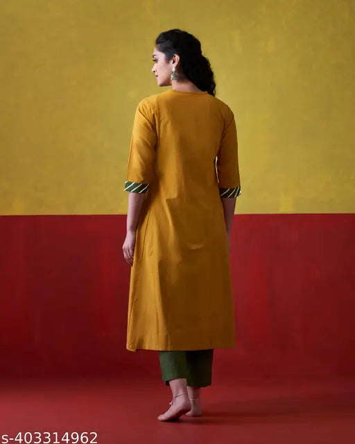 Yellow cotton kurta with red gota patti details