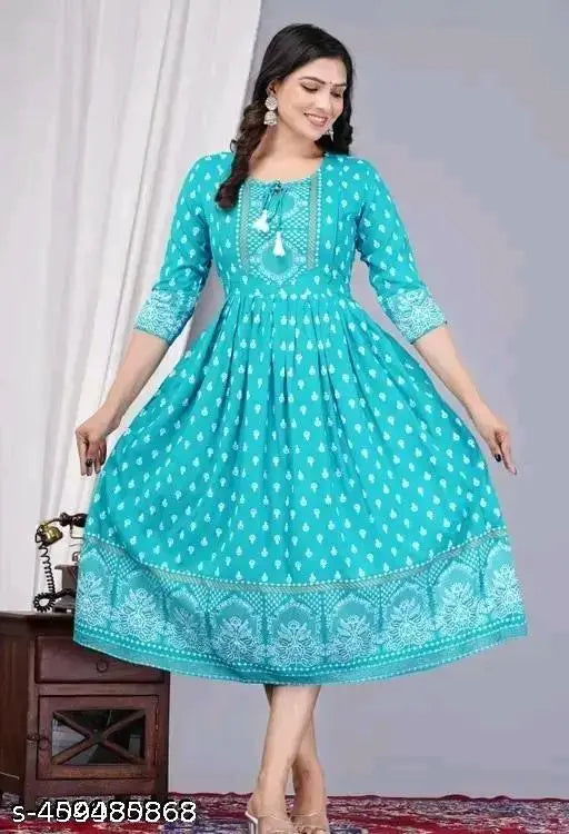 Sky buti rayon three-quarter sleeve top with printed combo, featuring sky design, size S (36in bust, 36in length)