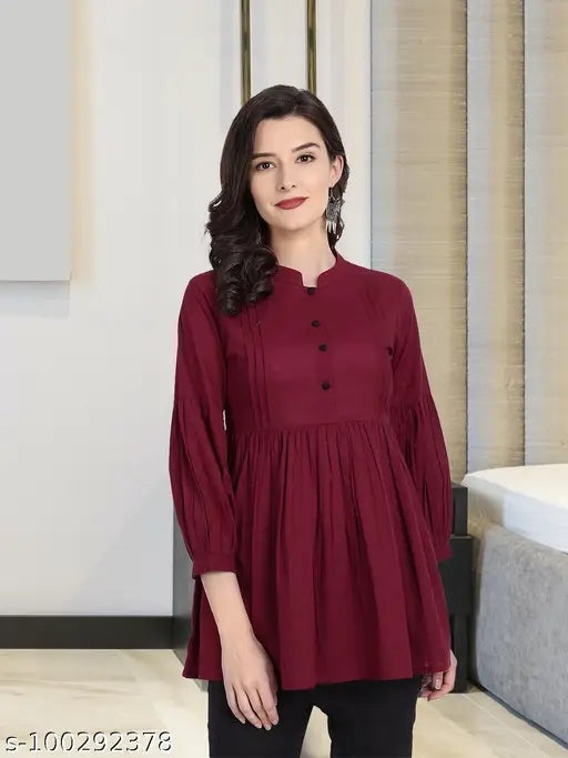 Multicolor cotton casual printed frock top/kurti top with maroon mandarin collar, pleats, and button detailing, three-quarter sleeves, flared hem - Indian women's dress