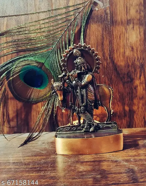 Small metal copper-plated Krishna with cow statues for car dashboard, home decor - antique finish (7cm x 12cm x 2cm)