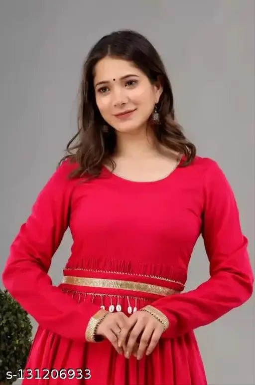 Women's rayon calf length designer hand-worked Anarkali kurta with palazzos set, solid color Indian fashion on model