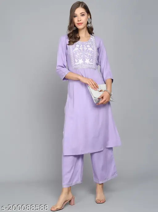 Lavender rayon Angita embroidery kurta set with palazzos, sequin embellishments and three-quarter sleeves - Indian traditional fashion for functions, festivals, parties, or weddings