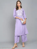 Lavender rayon Angita embroidery kurta set with palazzos, sequin embellishments and three-quarter sleeves - Indian traditional fashion for functions, festivals, parties, or weddings