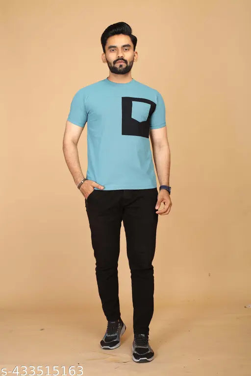 Blue colorblocked polyester t-shirt for men on hanger, short sleeves, size S, regular round cut, India origin