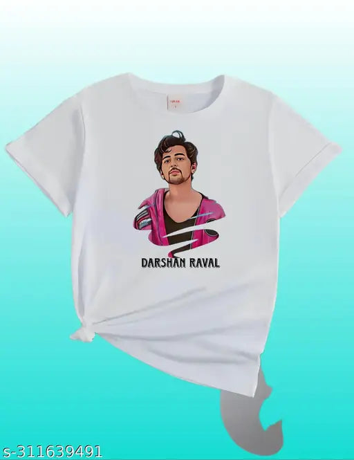 White Darshan Raval printed cotton blend t-shirt for boys and girls, short sleeves, printed pattern. XXS (32in chest, 23in length). Indian made, good quality fabric