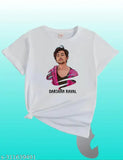 White Darshan Raval printed cotton blend t-shirt for boys and girls, short sleeves, printed pattern. XXS (32in chest, 23in length). Indian made, good quality fabric
