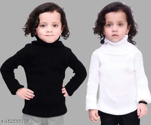 Wool blend high neck full sleeve sweater set for baby boys & girls, black and white combo pack of 2. Soft, skin-friendly sweater for cozy warmth