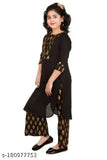 Black rayon kids' kurta and palazzos with printed design, three-quarter sleeves, floor length, suitable for 8-13 years old, Indian origin
