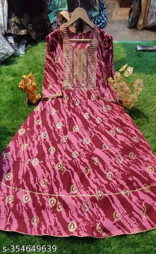 Foil gold print embroidered rayon Anarkali kurti for women, three-quarter sleeves, printed design on bust and skirt