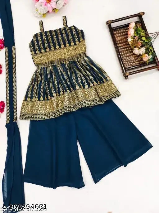 Georgette girls casual kurta and palazzo set, embroidered sleeveless top with matching dupatta for fashionable kids ages 1-15, Indian origin