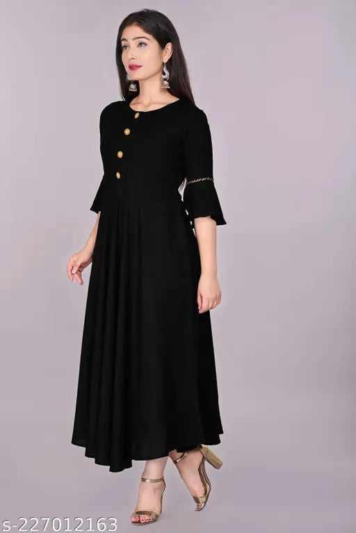 Black round-neck women's kurta with flared skirt and solid design