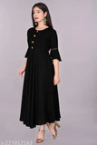 Black round-neck women's kurta with flared skirt and solid design