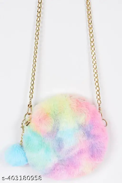 Multicolored round crossover faux fur purse, fashion accessory for girls
