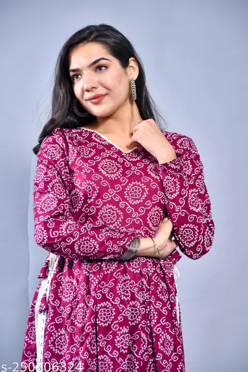 Rayon Bandhani Naira Kurta with White Palazzo Set, printed net design for women's Couples, S to XXXL sizes available