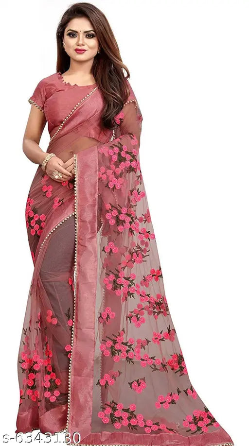 Trendy net saree with heavy embroidery and moti lace border, unstitched silk blouse piece. Indian formal wear for festivals and events