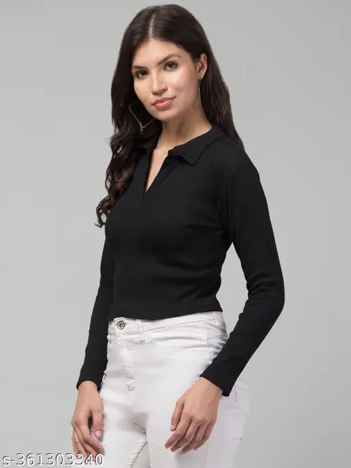 Ribbed cotton blend long sleeve collar neck t-shirt for winter wear, perfect for rainy days