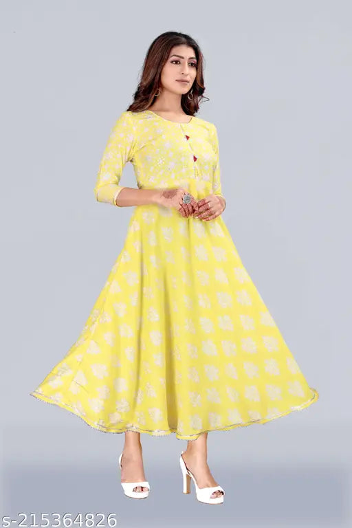 Double silver print flared Magic Slub Cotton round neck kurti, three-quarter sleeves, cotton blend, winter fashion, XXL (bust size 44in), Indian-made