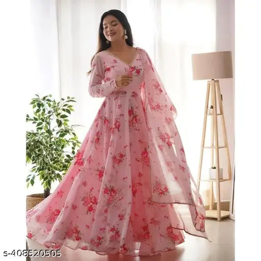 Silkonic floral printed organza kurti & dupatta set, long-sleeved Indian fashion on mannequin