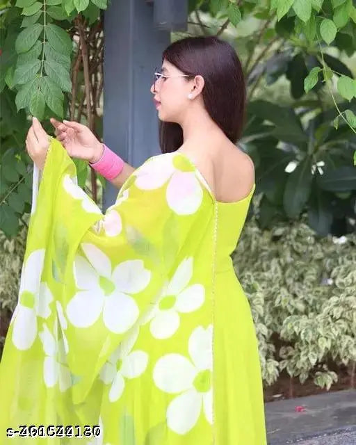 Georgette parrot flower sleeveless dress, vibrant solid color, Indian handloom fashion