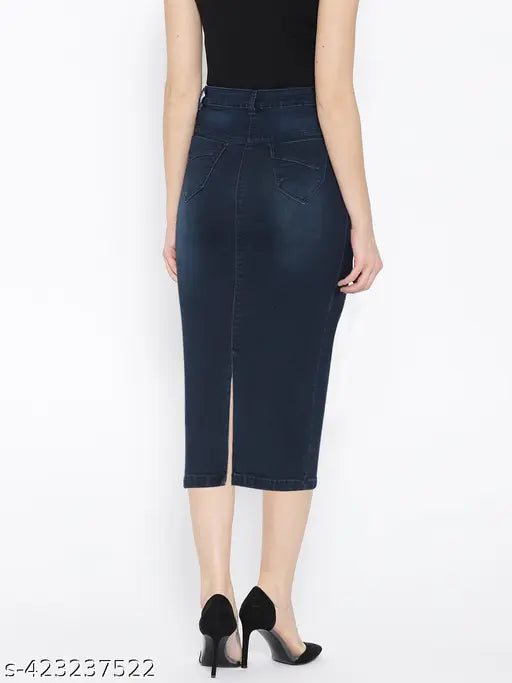 Purple feather-dyed cotton blend calf length denim pencil skirt for women, size 28, 30, 32, or 34