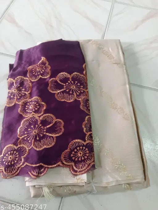 Purple foil patterned saree with intricate embroidery details