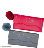 Pink and gray faux fur wallets with a red pouch, zip closure