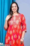 Red rayon three-quarter sleeve anarkali kurti with gold print, popular women's fashion from India