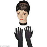 Black lace hijab cap with attached plain gloves, designed for hijab wear