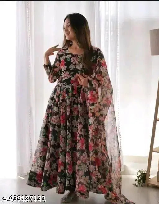 Georgette printed net long sleeve gown for ladies with dupatta, stylish and trendy party wear
