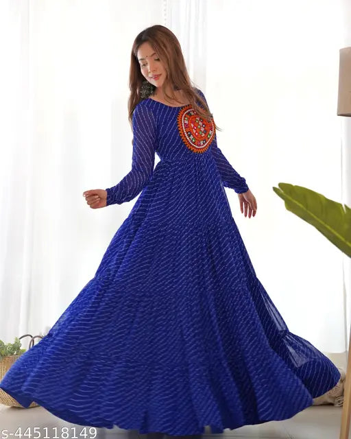Pure soft fox Georgette Laheriya print anarkali gown, heavy flair with fancy gamthi work, padded, side zipper, four-layer gathering. Indian handcrafted bridal wear, ready to wear in sizes XS-XXL