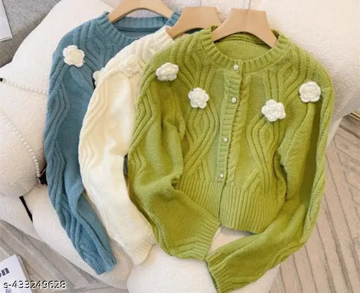 Imported winter soft white wool crochetia flowers embroidered net cardigan sweater, long sleeves