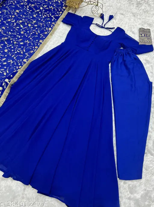 Georgette Anarkali gown set with embroidered net, short sleeves. Indian ready-to-wear fashion on mannequin